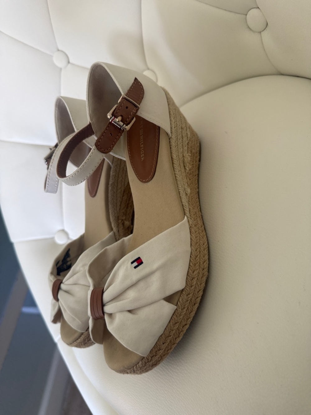 Tommy Hilfiger White Cream Wedge Espadrille Sandals with Tan Ankle Strap 6.5 - Picture 10 of 13